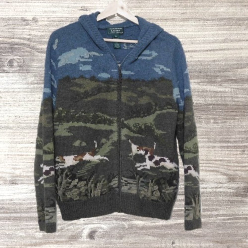 Vintage Ralph Lauren Hand Knit Cardigan Sweater - Hunting Dogs
